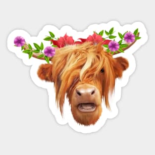 Highland Cow with Flowers, Love Cows Sticker